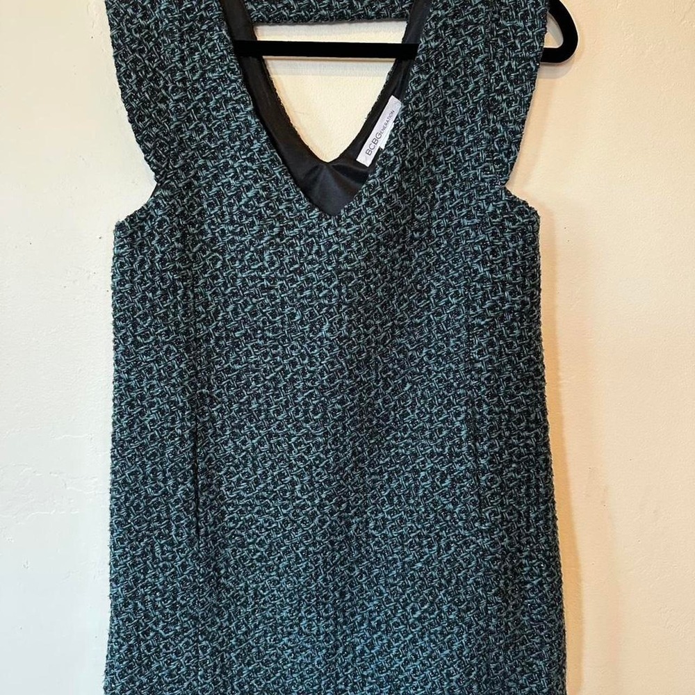 BCBG mini dress with black and teal abstract pattern, size XS